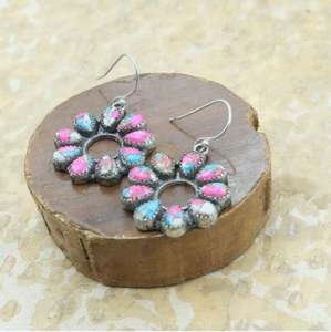 Boucles d'oreilles en coton turc turquoise, boucles d'oreilles en pierre rose et bleue, boucles d'oreilles en argent sterling 925, jaune et rose - Product Image 6