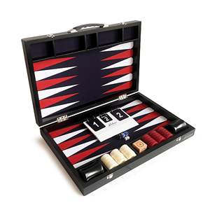 Jeu de backgammon de luxe fait main, taille tournoi, plateau en tissu rouge et blanc, étui en cuir 22x29 pouces (57x75cm), cube de multiplication en bois - Product Image 2