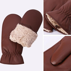 Mitaines en cuir de mouton en fourrure d'hiver naturelles et respirantes, laine chaude, couleur marron, gants de ski faits à la main. - Product Image 6