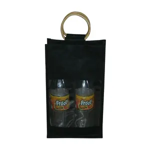 Hessian Wine Tote Inside Divider With Wooden Round Shape Cane Handle Coated Nylon Wine Bottle Bag