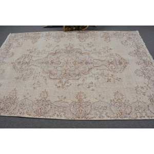 Alfombra turca vintage de 5,4x8,2 pies, lana beige hecha a mano con diseño de retazos, sala de estar forma rectangular para, estilo Tabriz - Product Image 3