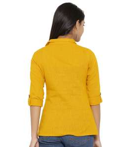 Blusas Casuales de Mujer con Estampado Sólido, Manga 3/4, Algodón Ligero y Cuello con Pliegues, Blusas de Verano de Color Amarillo, Moda al por Mayor - Product Image 1