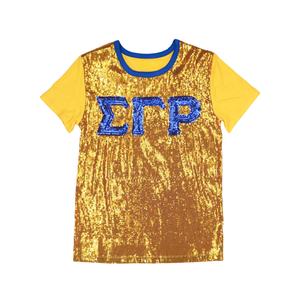 100 coton Sigma Gamma Rho sororité or Sequin t-shirt bleu brodé lettres grecques vie grecque vêtements femmes décontracté SGRho T-Shirt - Product Image 1