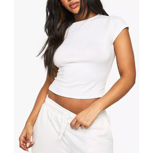 Camisetas de moda para mujer, cuello redondo, cuello en V, Top corto, traje informal, cómodo, 100% algodón, uso diario de verano - Product Image 4