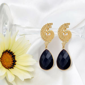 Dua Black <b>Onyx</b> Peacock <b>Earrings</b> Handmade Gold Plated Elegant Jewelry - Product Image 1