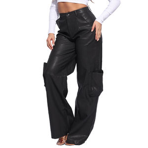 Alta calidad otoño invierno nuevo diseño ropa pantalón de Bolsillo grande pantalones de pierna ancha mujeres PU pantalones de cuero pantalones de carga sueltos - Product Image 4