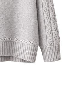 Customized Light Grey Jacquard Knit Sweater Floral Textured Crew Neck Long Sleeve Winter Pullover For Women Custom Wholesale - Product Image 5