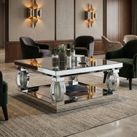 Table basse élégante avec miroir, étagère inférieure et pieds en anneau de cristal pour la maison