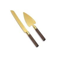 Juego de cuchillo y servidor de pastel de acero inoxidable de oro real con mango de diseñador de fregona y en relieve completo herramientas de pastel baratas reales
