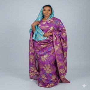 Robe pour filles de la collection Empress, de haute qualité, en tissu somalien Fransawi Dirac Jacquard, avec un motif floral brillant doré, base de couleur violet clair - Product Image 1