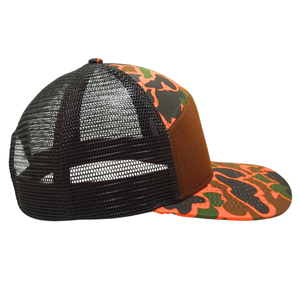 Sombrero de camionero de camuflaje marrón naranja de 7 paneles de alta calidad, hebilla de un solo pecho estructurada de malla negra, venta al por mayor, Unisex, todas las edades - Product Image 4