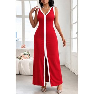 Jane's Women's Strappy Deep V-Neck Long <b>Viscose</b> <b>Dress</b> with Slit Detail 35555-Red - Product Image 1