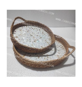 Natural Crafts High Quality Round Rattan Serving Tray with Mother of Pearl Base Stylish Wicker Coffee Tray <b>Sets</b> - Product Image 5