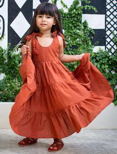 ชุดเดรสเด็กผู้หญิงผ้าคอตตอน100% สายรัดปรับความยาวถึงข้อเท้าสีทึบย้อมสี2024ใหม่ - Product Image 5