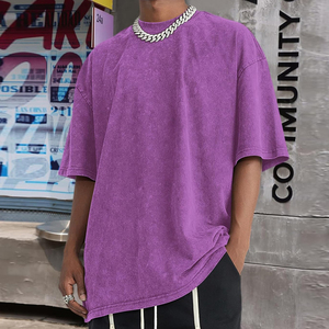 T-shirt ample violet pour homme en coton délavé à l'acide, manches courtes, col rond, coupe décontractée en jersey - Product Image 4