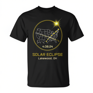 T-shirt Eclipse Solaire 2024 Lakewood Oh Totality, unisexe adulte, manches courtes, col rond, impression numérique, promotionnel - Product Image 2