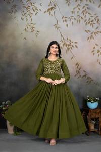 Mehndi Colour Design Faux Georgette Embroidery Evening <b>Night</b> Party Special V Neck Long Length Fancy Kurti Set At Wholesale - Product Image 4