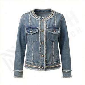 Plus Size Women Ripped Customized Color Denim Jacket Multi Pocket Design <b>Long</b> Sleeve Vintage Pearl Details Stylish Casual <b>Coat</b> - Product Image 1