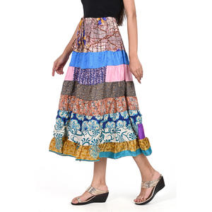 Vintage Style <b>Boho</b> Patchwork <b>Skirt</b> for Women Multicolor Full Length Sari Fabric <b>Skirt</b> with Adjustable Elastic Waistband - Product Image 4