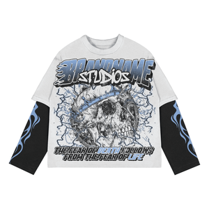 Sudadera básica de manga de dos piezas personalizada de algodón puro de 350GSM para hombre, camiseta sólida de doble capa de larga duración, cuello Suelto - Product Image 2