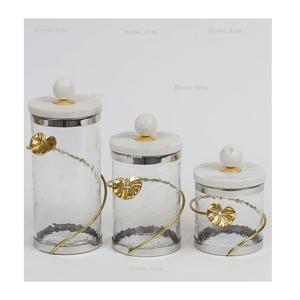 Bestest Quality Glass <b>Canister</b> With Marble Lid <b>Set</b> of 3 Different Sizes Round Shape Sweet Snacks Box For Sale - Product Image 1