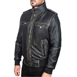 Veste en cuir noir pour hommes, vêtements d'extérieur en cuir de mouton véritable, fermeture à glissière, col haut, poignets en tricot côtelé, deux à l'intérieur de quatre poches extérieures - Product Image 2