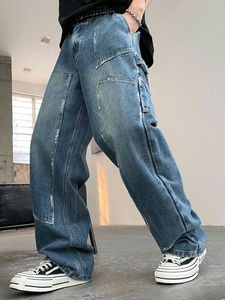 Jean large tube droit décontracté grande taille pour hommes, nouveau denim lavé à l'eau avec poches inclinées et graphiques irréguliers - Product Image 6