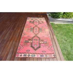 Tapis turc vintage 3,2x8,2 pi (99x249 cm), tapis oriental en laine rose - Product Image 1