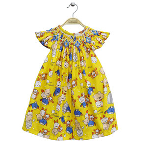 Cute Girls Bishop Smocked Dress-Robe de bébé fille brodée à la main personnalisée-OEM-ODM-SM230101-Impression d'ours - Product Image 1