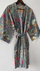 Robe Kimono en coton faite à la main Gris Boho Lounge Wear Robe de Spa légère Summer Beach Cover Up Resort Wear pour les femmes - Product Image 5