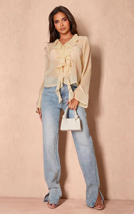 Robe à manches longues en mousseline de soie beige personnalisée à volants encolure plongeante pour tenue décontractée ou de fête-Bon prix Nouveau produit - Product Image 3
