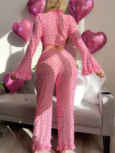 Pijama de 2 piezas para mujer con estampado de corazones rosas, manga larga, cuello en V, de gasa, estilo sexy de tiro alto y largo completo - Product Image 3