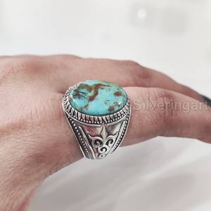 Anillo de Plata de Ley 925 con Turquesa Tibetana Natural para Hombre, Piedra de Nacimiento de Diciembre, Regalo de Navidad, Venta al por Mayor - Product Image 3