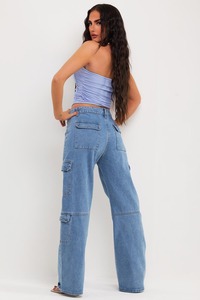 Ropa informal para mujer, pantalones vaqueros de mezclilla con bolsillo Cargo lavados con ácido de Color azul, Pantalones vaqueros de ajuste relajado personalizados para mujer - Product Image 6