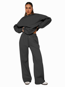 ชุดกางเกงขากว้างคอกลมแขนยาวทรงหลวมสำหรับผู้หญิงชุดวิ่งชุดกีฬา2ชิ้นโลโก้ที่กำหนดเองสำหรับฤดูใบไม้ร่วงฤดูหนาว - Product Image 4