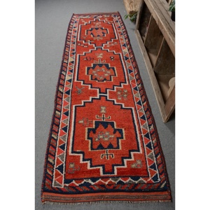 Vintage Herki <b>Runner</b> Rug 3.2x10.3 ft (98x315 cm), Turkish <b>Red</b> Polka dot Rug - Product Image 1