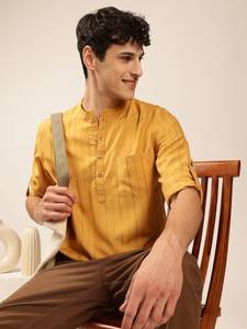 <b>men</b> mustard <b>yellow</b> coloured solid mandarin collar kurta short kurta polyester viscose long sleeves curved hem kurta for <b>mens</b> - Product Image 5