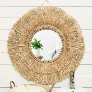2 Schicht hand gewebte Stroh hand gefertigte Wandbehang Dekoration Rattan Bambus Wicker Spiegel rahmen dekorative Schlafzimmer Wohnzimmer Deko