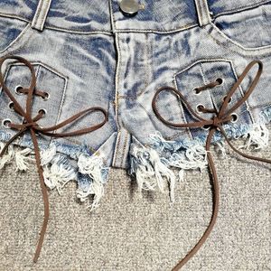 Short en jean taille basse à lacets sexy pour femmes, nouveau short d'été à bretelles personnalisées, super short en jean enveloppé de hanche pour femmes - Product Image 3