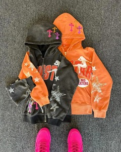 Sweat à capuche zippé en molleton coupe ajustée, style streetwear, avec logo imprimé personnalisé, effet délavé à l'acide, sans cordon, 100% coton, séchage rapide, respirant, pour homme, hiver - Product Image 2