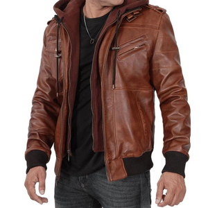 Chaqueta de cuero con capucha de Bombardero Marrón para hombre, invierno, calle alta, estilo bidireccional, cremallera, múltiples bolsillos, cuero genuino - Product Image 1