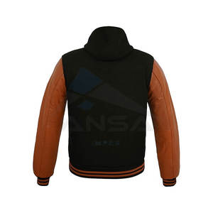 Veste universitaire traditionnelle pour homme en laine mélangée de qualité supérieure avec manches en cuir véritable à 100 %, bordure côtelée, noir, marron, capuche - Product Image 2