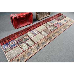 2.8x9.5 ft Rug, Vintage Turkish Rug, <b>Red</b> Animal Print <b>Wool</b> Rug - Product Image 2