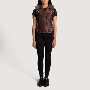เสื้อหนังแท้สำหรับไบค์เกอร์ Rhonda Maroon พร้อมด้วยผ้าถักตกแต่งแบบวินเทจและสไตล์สตรีทแวร์พรีเมียม - Product Image 4