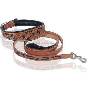 Collar de perro de cuero occidental tallado a mano con relieve floral personalizado y conjunto combinado de correa de perro con relleno suave y costura Collar para mascotas - Product Image 2