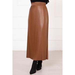 Girl's Casual Tan Leather <b>Skirt</b> <b>with</b> <b>Elastic</b> <b>Waist</b> Pleated Design Breathable Knitted Fabric Western Style for Autumn Season - Product Image 2