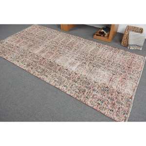 Tapis en laine rose vintage de 4.6x9.3 pieds, tapis turc tissé à plat, motif patchwork, décoration de salon avec support en latex - Product Image 4