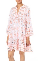Robe courte pour femmes, prix d'usine, beige corail, imprimé bohème, embellissement miroir, broderie classique, belle tunique pour femmes