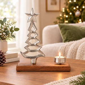 Portavelas de Metal con Base de Madera para Árbol de Navidad, Decoración Minimalista para las Fiestas, Soporte para Velas de Té, Diseño Geométrico para Mesa - Product Image 2