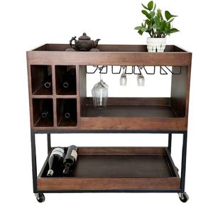 KR68002 Modern Antiqued Home Furniture Solid Oak Mobile <b>Wine</b> Rack with Iron Frame - Product Image 1
